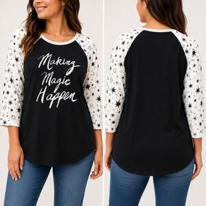 LuLaRoe Randy Making Magic Happen Graphic Raglan Top Women's Medium Black Stars